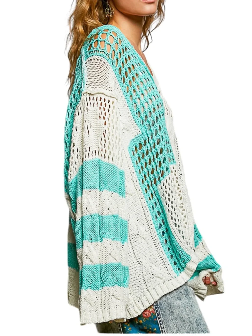 344. POL Knit v-neck Sweater in White and Mint - Picture 2 of 3